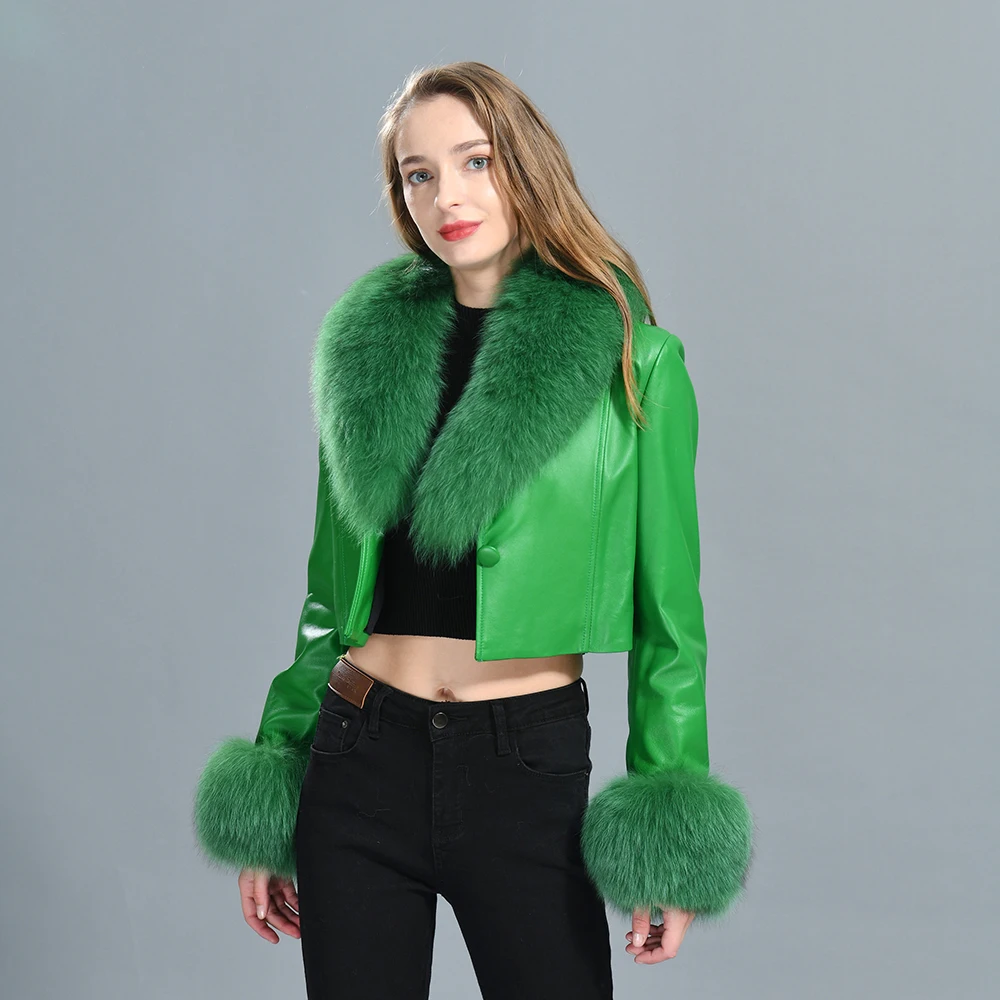 Fashion Spring Autumn Women Natural Sheepskin Lambskin Coat Crop Genuine Leather Jacket With Detachable Fur Collar Cuffs