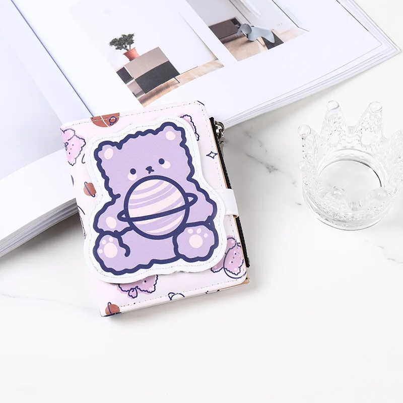 2022 new design women plaid cute bear Pu leather students short wallet with zip girls Coin Purse card wallet