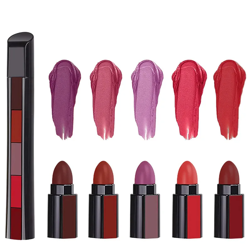 Factory OEM Waterproof Matte Lipstick Travel Size 5 in One Long Wear Stain Combo Makeup Cosmetics Mineral Lipstick Kit Custom