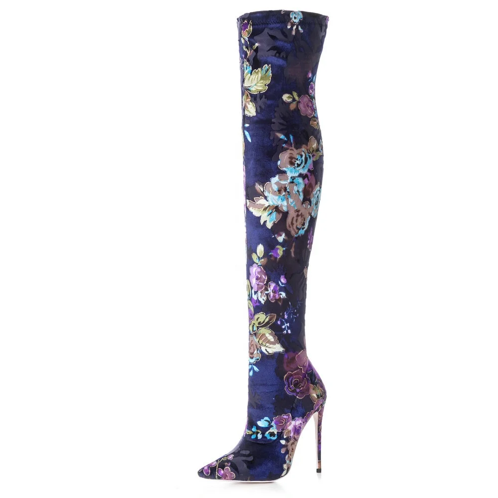 
Fashion High Quality Floral Women Over The Knee High Boots Stretch Thigh High Boots Pointed Toe Flower Winter Boots FoR Ladies 