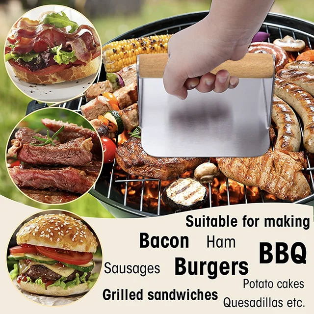 China Factory custom Kitchen Helper Stainless steel Square wooden handle hamburger meat press