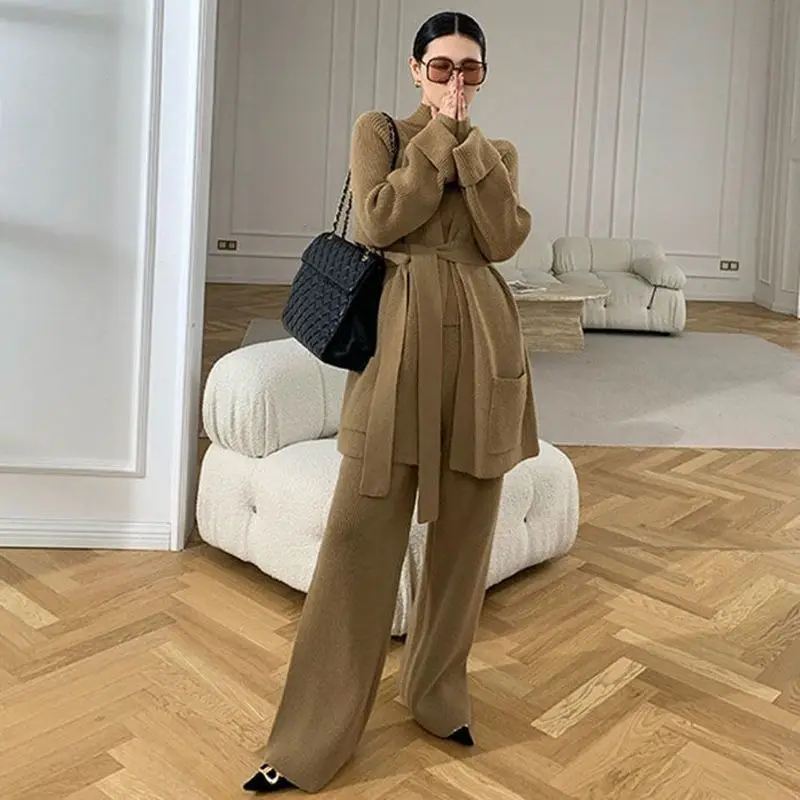 Winter 2022 new design high neck pullover knitted cardigan long sleeve wide leg pants 3 sets women sweater