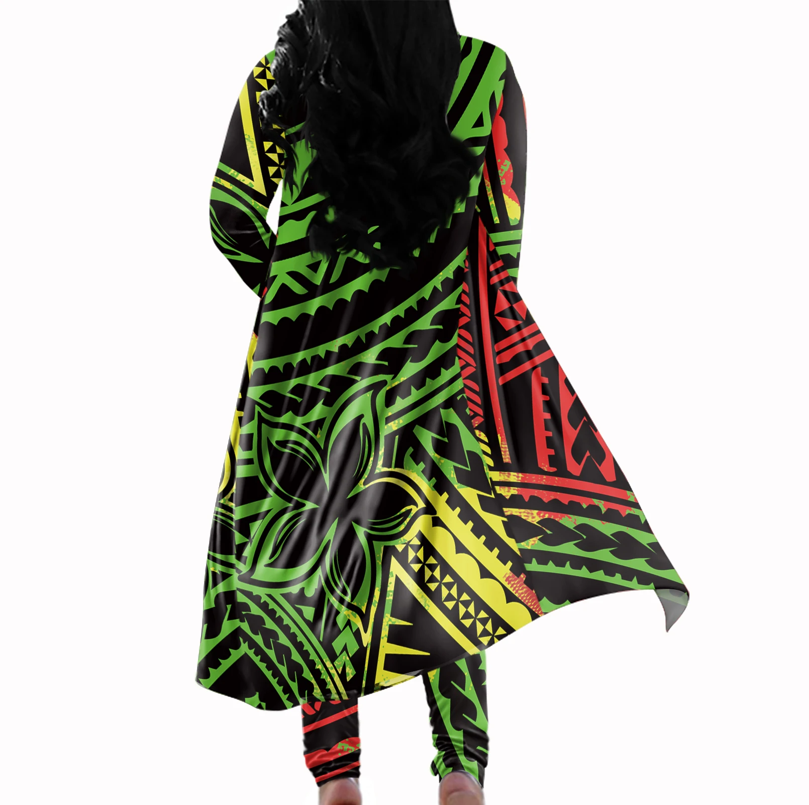  Черный полинезийский ананас Плюмерия цветочный принт Женский комплект из 2 предметов плащ Длинный рукав Осень Европейская и американская женская одежда