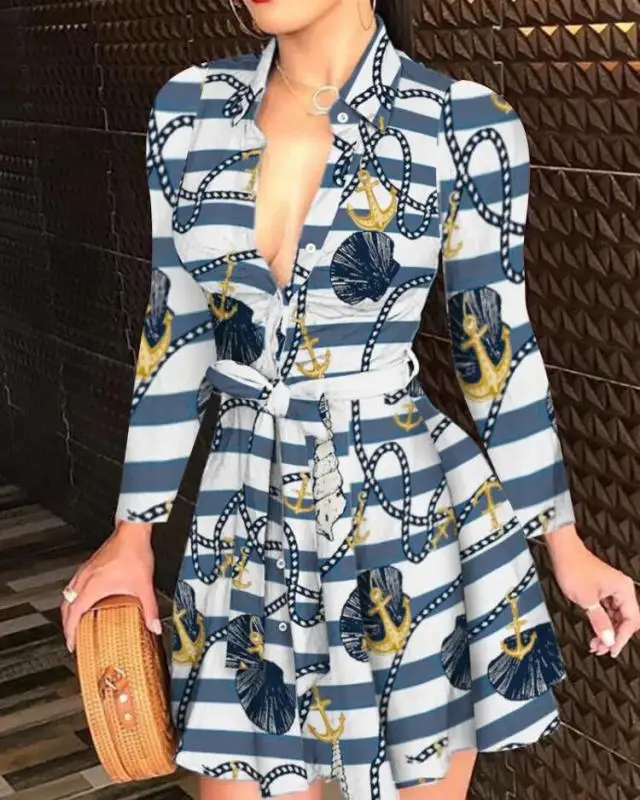 vestidos mujer summer casual dress solid colour chain print printed belted blouse shirt floral casual dresses