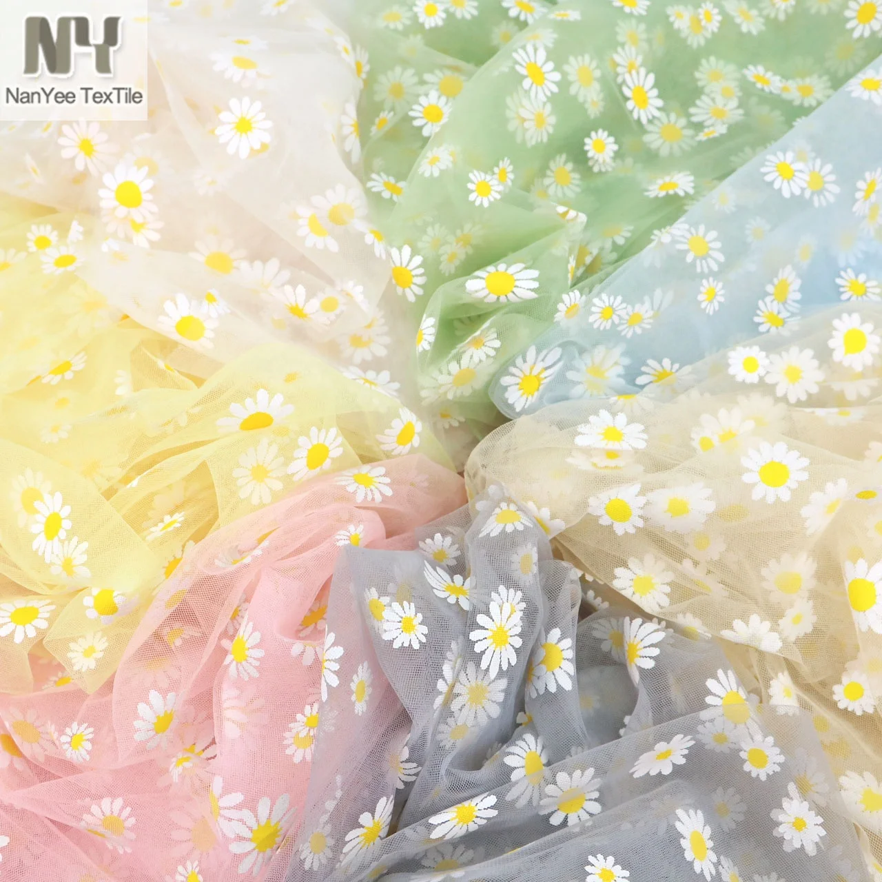 Nanyee Textile New SS Offeset Printed Little Daisy Tulle Fabric In Stock