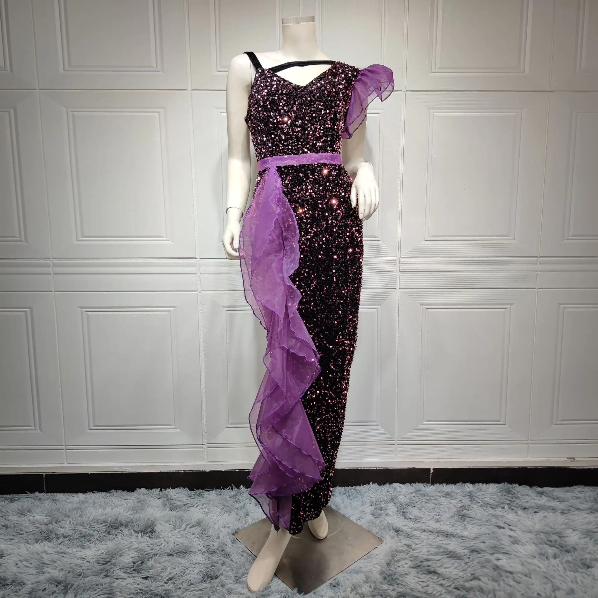 After Wedding Party Dress Birthday Long Skirt Stretch Sequin Gauze Stitching Elegant Sexy Bodycon Dress