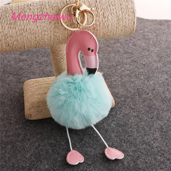 France Best Selling Trend Household Products Fashion Plush Pom Pom Ball PU Flamingo Leather Key Chain Fur Cute Keychains