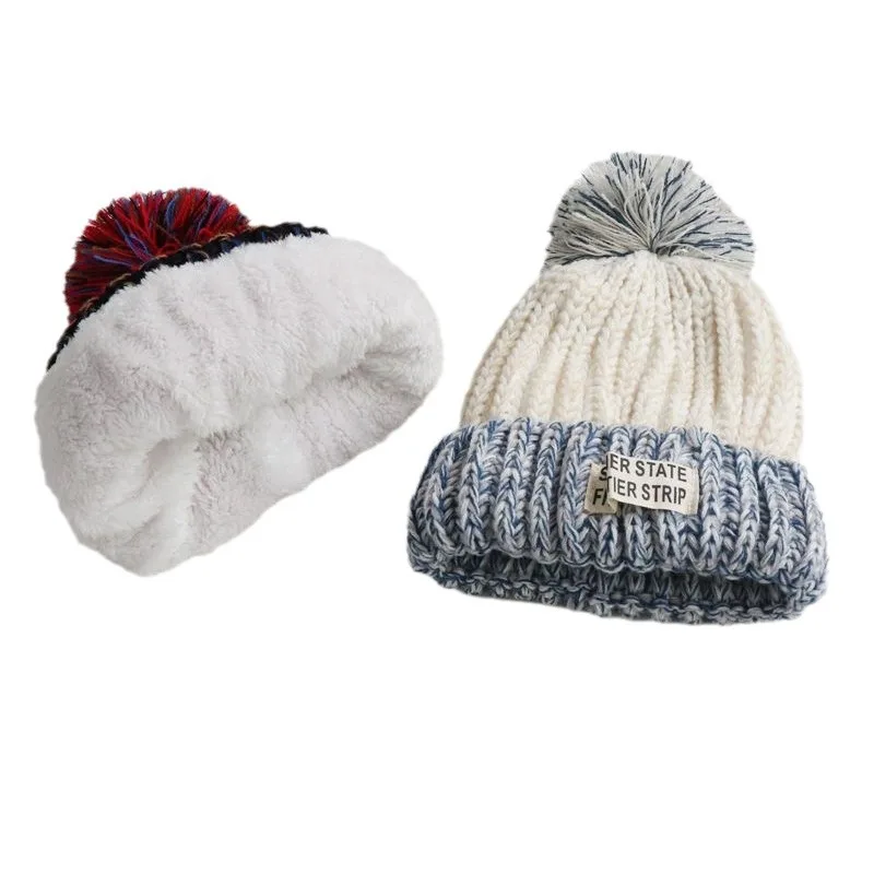 Knitted Hat Solid Color Thermal Pom Pom Beanie Hat Medium Knitted Children Scarf Wholesale Winter Warm Thick Style Kids Plain