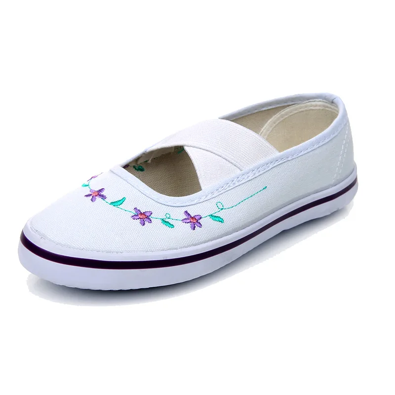 Детская оптовая продажа, белая Складная повседневная обувь для маленьких девочек, дешевая эластичная холщовая танцевальная обувь с вышивкой для маленьких девочек