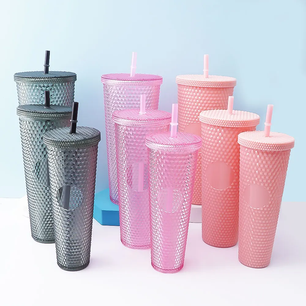 RTS  Colorful Double-Layer Durian Straw Tumbler Modern Design Diamond Glitter Plastic Coffee Cup Set for Parties