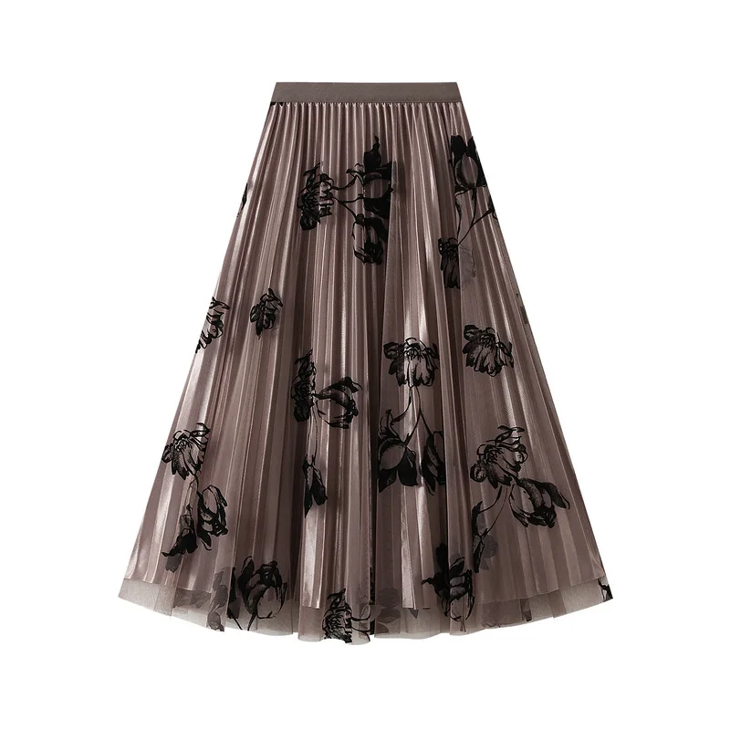 2024 Spring Autumn New Style Plush Flower Organza Skirt Reversible Wear Pleated Midi Skirt for Women Doublesided Wearing Design