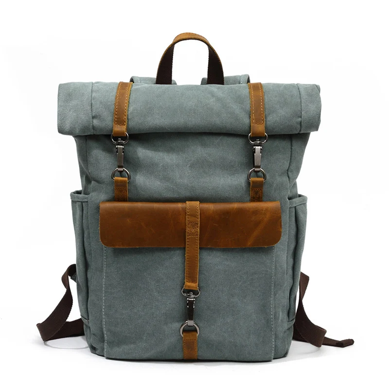 Vintage waterproof canvas outdoor travel roll top pack fashion sport backpack