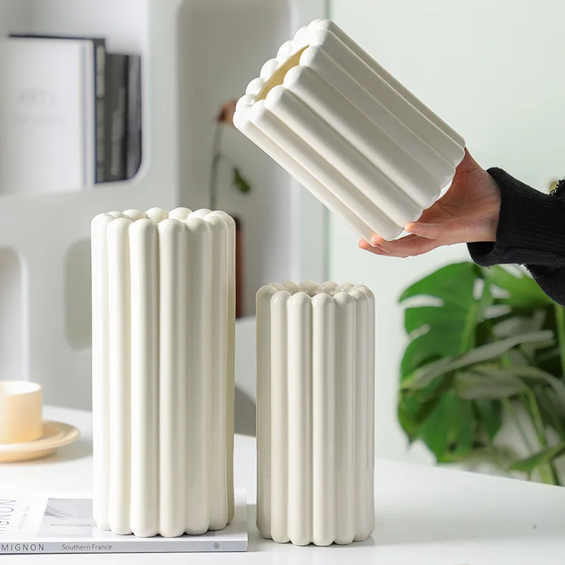 Modern Minimalist Cream White Ceramic Vase Set Luxury Rustic Home Decor Living Room Bedroom Matt Glaze Three Piece Decoration