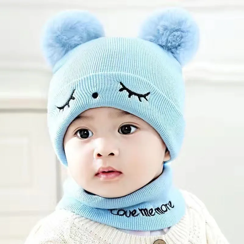 Wholesale Custom 0-12m Winter soft warm Baby Knitted Hats Knitted Newborn Baby Hat And Scarf Set With Fur Pom