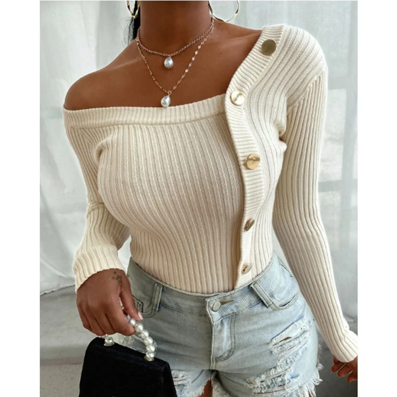 2023 New Design Ladies Patchwork Knit Long Sleeve T Shirts Oversized Pullover Women Tops