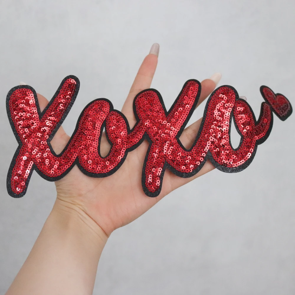 New Popular Valentines Sequin Iron on Patches Valentines Iron on Red XOXO Valentines Embroidery Patch For Woman Clothing