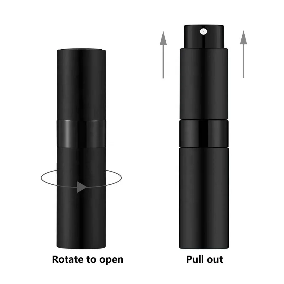 HeLun Top Quality 10ml Luxury Portable Refill Empty Mini Travel Frost Round Aluminum Metal Twist Up Spray Pump Perfume Atomizer