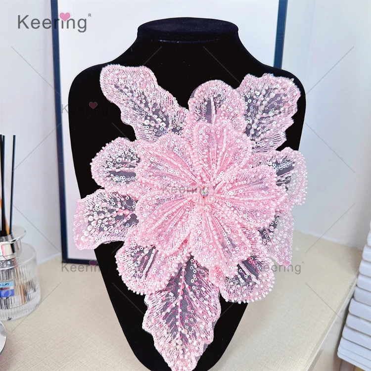 WPH-1916 Fabulous Sew On Multicolor Beaded Sequin Lace Flower Patches For Garment Dress Decoration