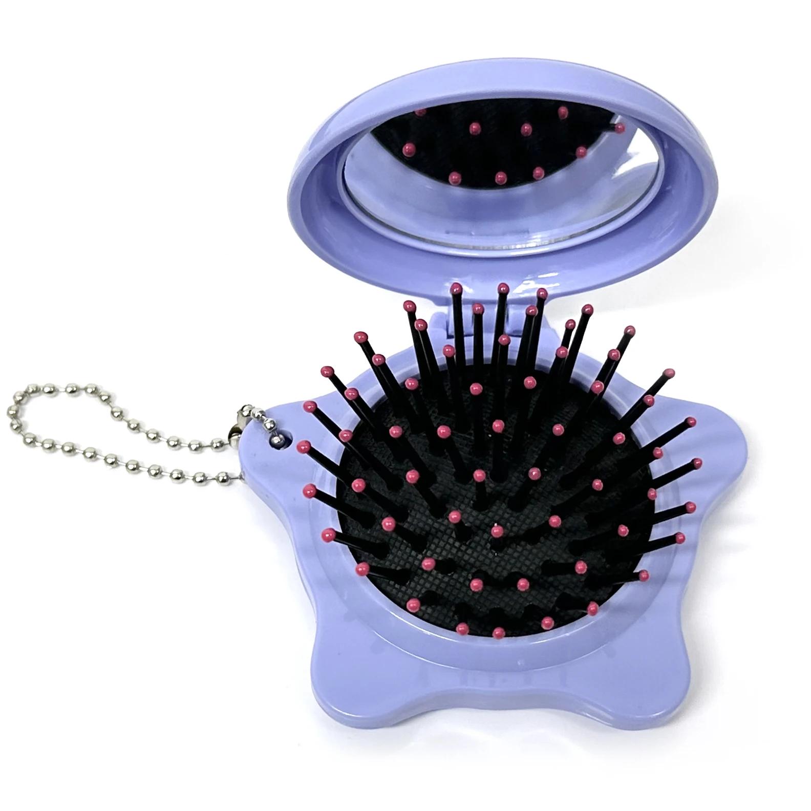 Customized Logo Star Shape Folding Hair Brush with Keychain, Pocket Compact Massage Brush and Mirror
