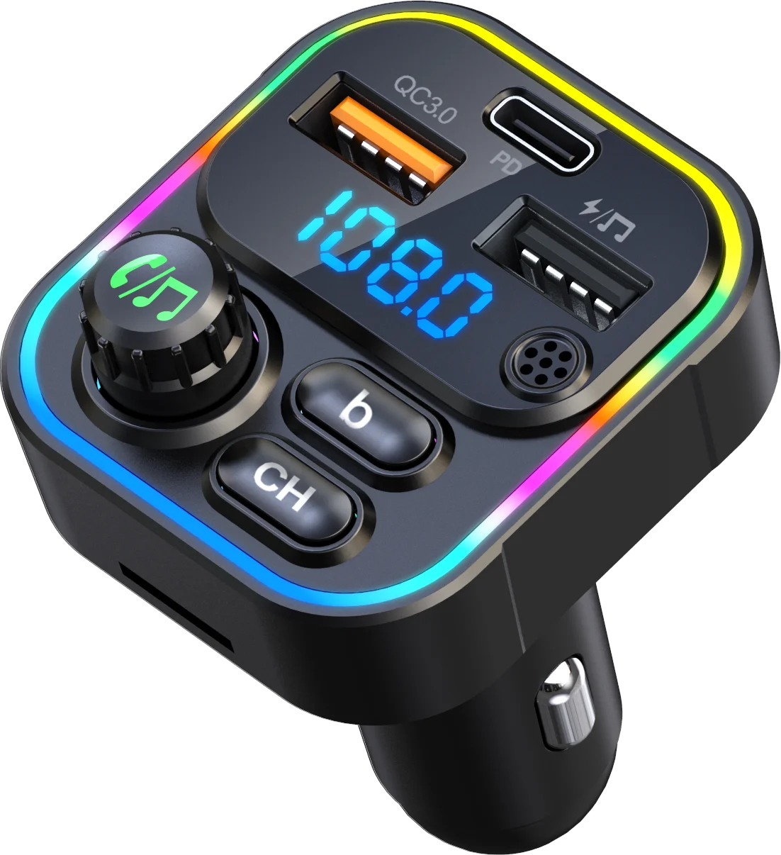 Factory OEM car mp3 player FM transmitter Car quick charger 20W C17 with RGB light QC3.0 super USB charging for phone