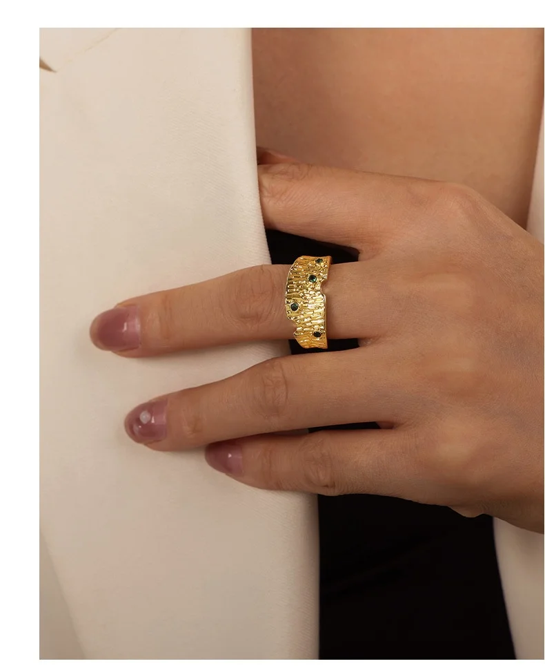 AIZL Reason Energy Jewelry Zircon Enamel Adjustable Ring 18K Gold Plated Stainless Steel Geometric Open Ring Set