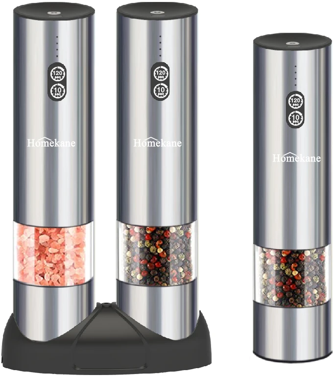 Homekane Built-in Battery Powered USB Rechargeable Stainless Steel Salt and Pepper Grinder Mills