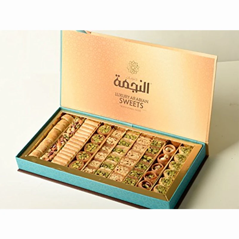 custom Saudi Arabia Walnut Ramadan Assorted Roll Elegant dessert Box Golden Small Boutique Sweets Premium Baklava chocolate Box