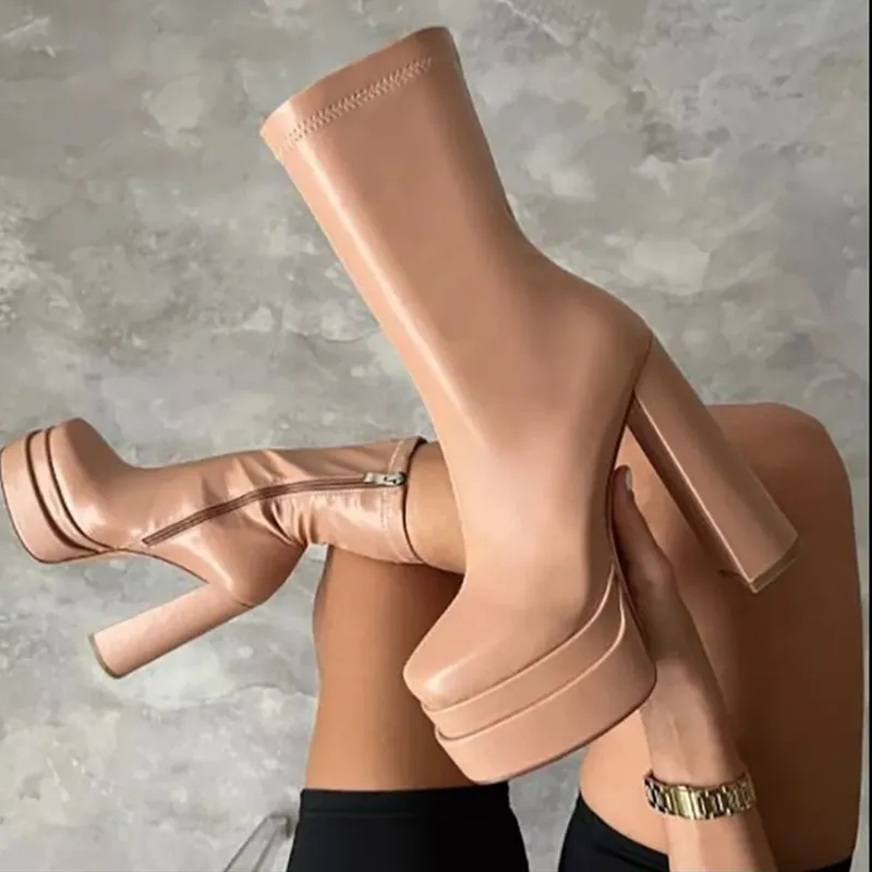 2022 fall winter Designer New Pu Leather Fashion shoes Zipper ladies platform Ankle Boots Chunky Heels Women boots