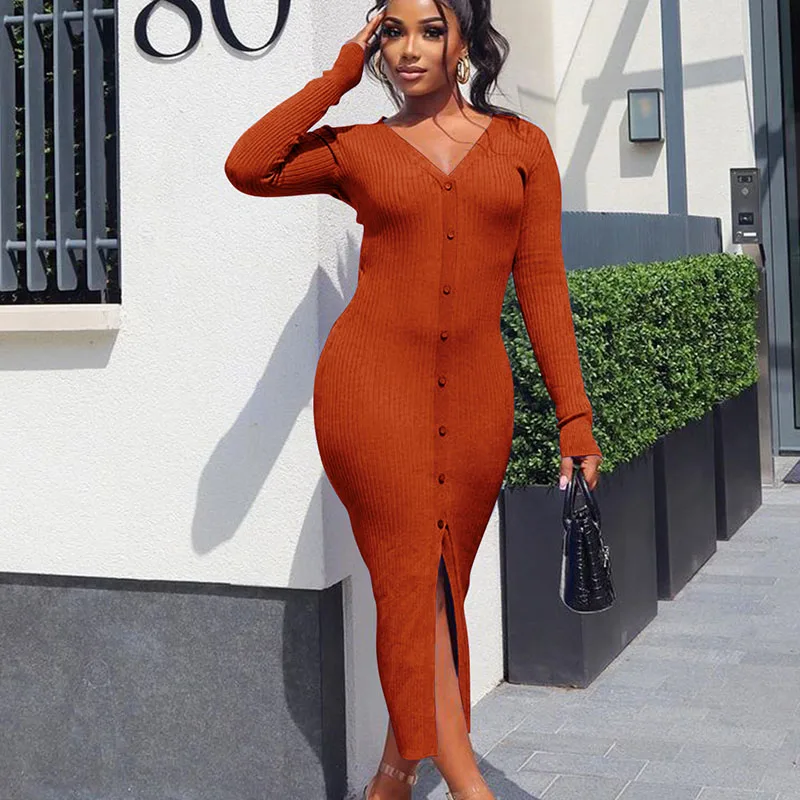 Amazon Hot Sale Autumn Winter Sexy V Neck Rib-Knit Button Trim Front Split Bodycon Midi Dress For Women