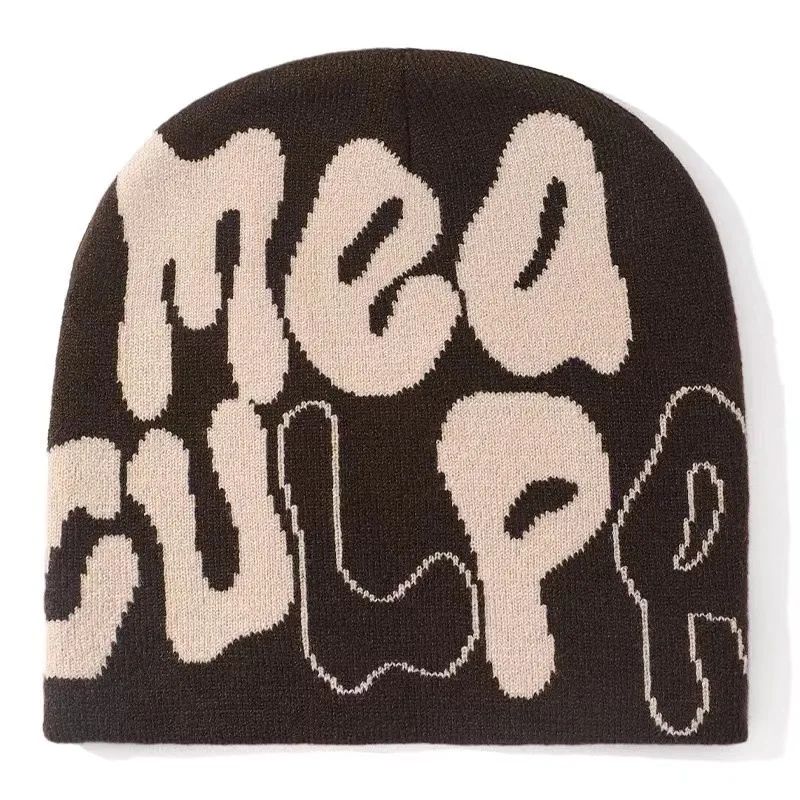 Wholesale Winter Custom Pink Puff Print Jacquard Skully Unisex Winter Knitted Hats Crochet mea culpa beanieS