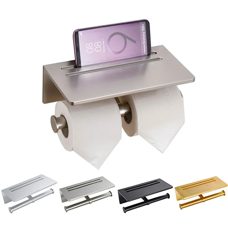 Space aluminum wall mount self adhesive double toilet roll holder toilet paper holder with phone shelf toilet paper roll holder