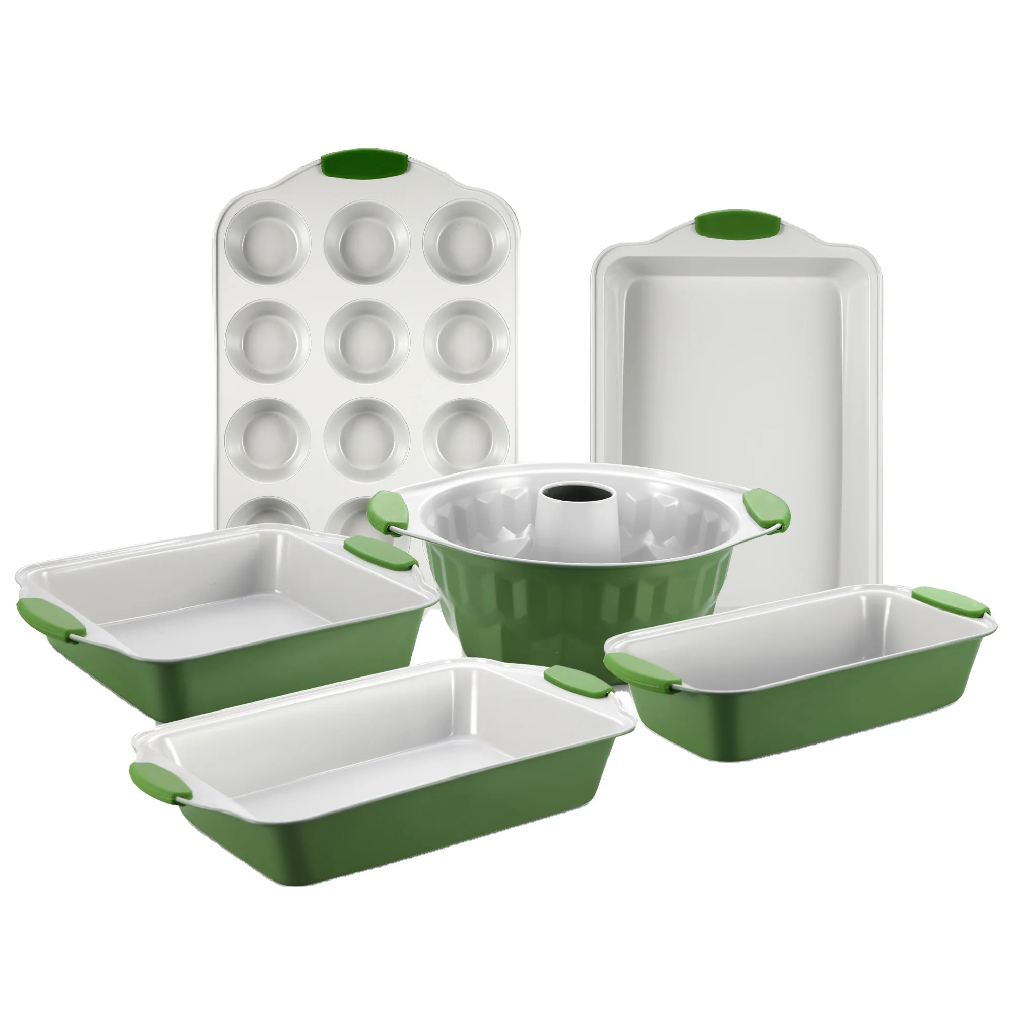 Новый дизайн, керамическое покрытие с антипригарным покрытием, роскошный набор для выпечки с силиконовыми ручками, включает в себя форму для кексов, круглую форму для выпечки, поднос для печенья