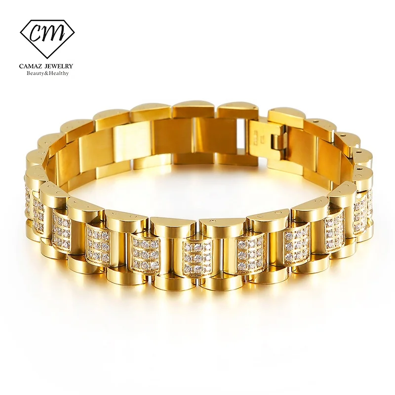 CAMAZ Men 18k Gold Plated Stainless Steel Bracelet Health Therapy Energy Titanium Magnetic Stainless Steel Bracelet
