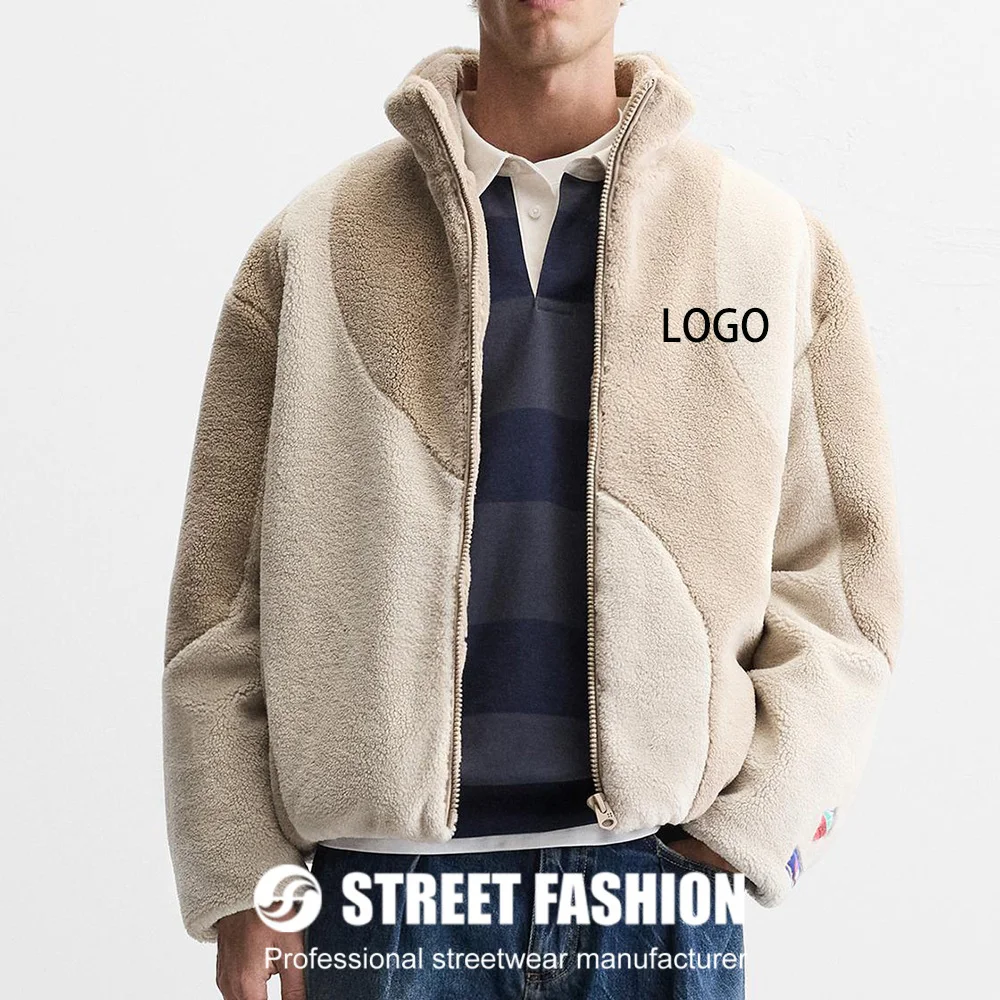 Manufacturer Custom Winter Casual Luxury Thick With Patchwork Color Block Stand up Collar Full Zip up Sherpa Fleece Jacket Men