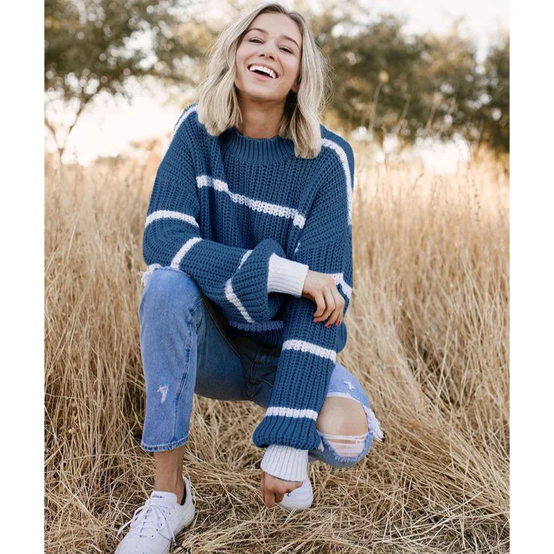 Точечные светильники 2021 зимнее женское платье с круглым вырезом; Свитер в полоску; Свитер, свободный женский модный топ плюс размер свитера