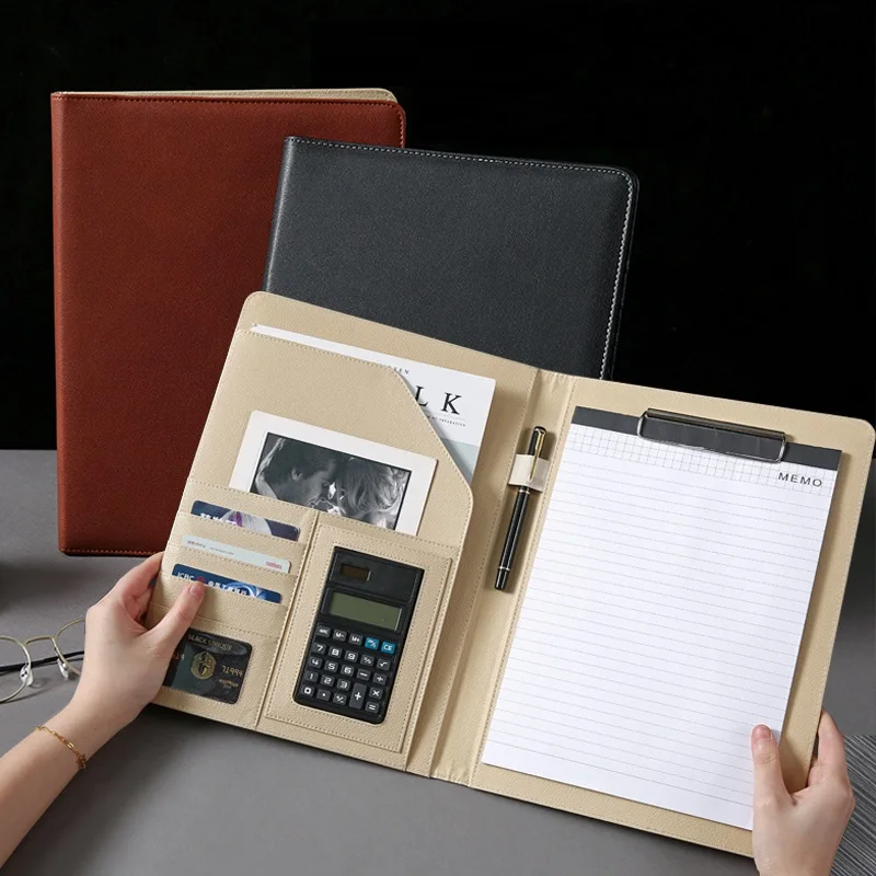 New Hot Selling Product Multicolor Business Office Multifunction Card Calculator A4 Leather Portfolio File Folder