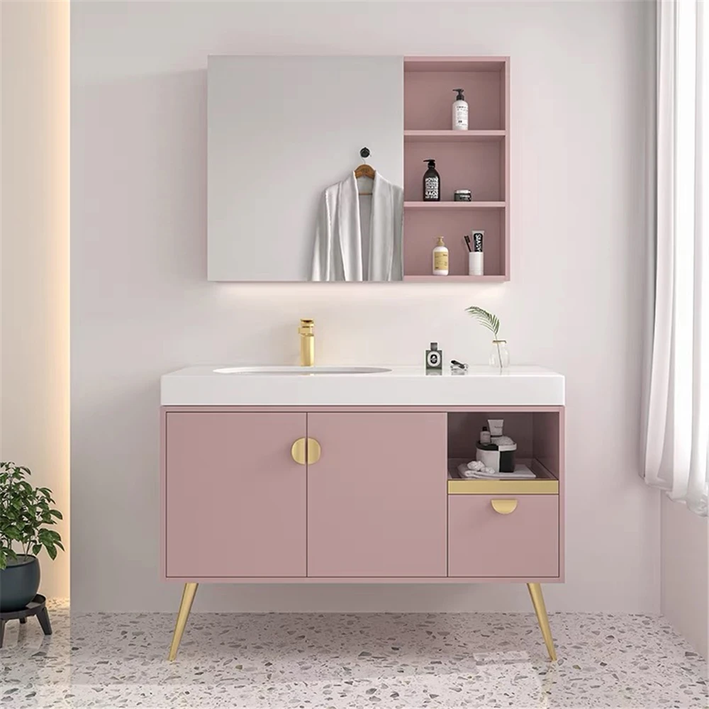 Hotel Cute Design Bathroom Cabinet Pink Pvc Corner Furniture Waterproof Bathroom Vanity With Mirror