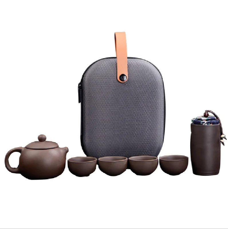 Purple Sand Concentric Travel cup Portable Ceramic 4 Cups Teapot Gifts Tea Kettle Storage Pot Cup Set For Tea Gift