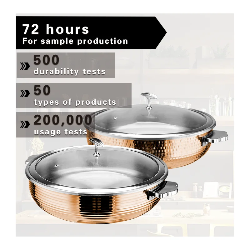 European Design Glass Lid Rose Gold Tilted Body Hammered & Stripes Style Triply Stainless Steel Cookware Casserole for Canteen