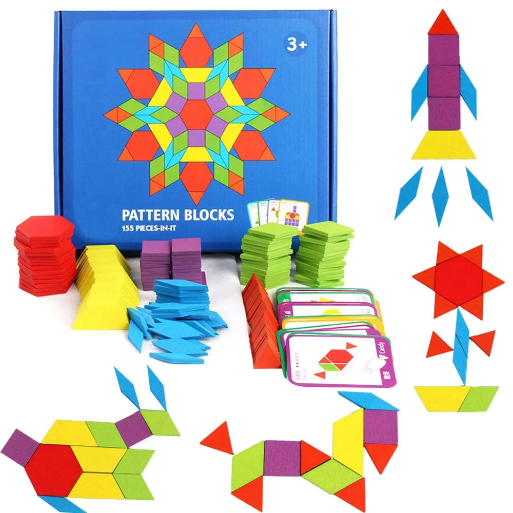 
155 Pcs wooden pattern blocks set geometric shape puzzle kindergarten classic educational montessori tangram toys for kids 
