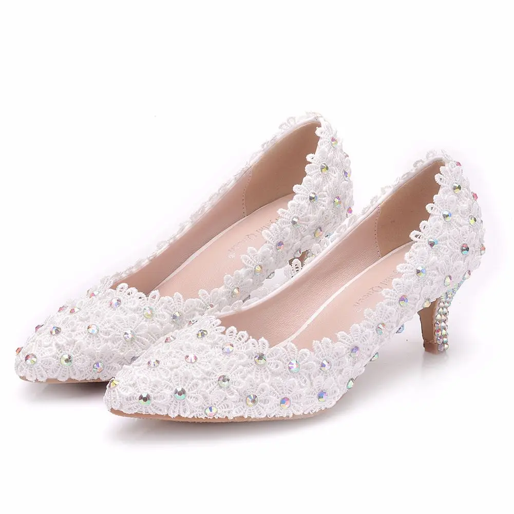 Crystal Queen 2 Inches Kitten Heel Girl Dress White Pink Lace Flower Party Prom Wedding Bridal Shoes Bridesmaid Pumps