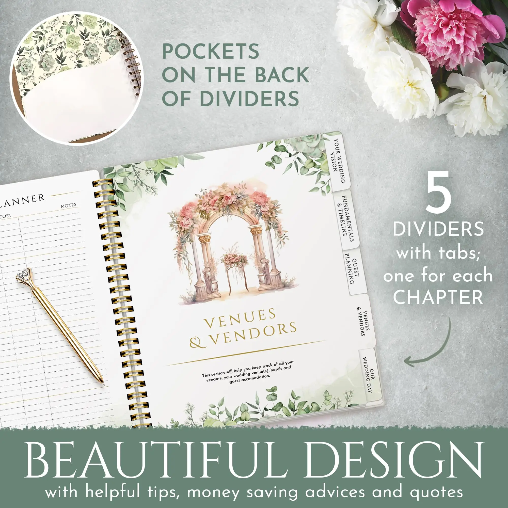 High quality custom wedding planner with gold edge color printing pregnancy journal spiral notebook with pen