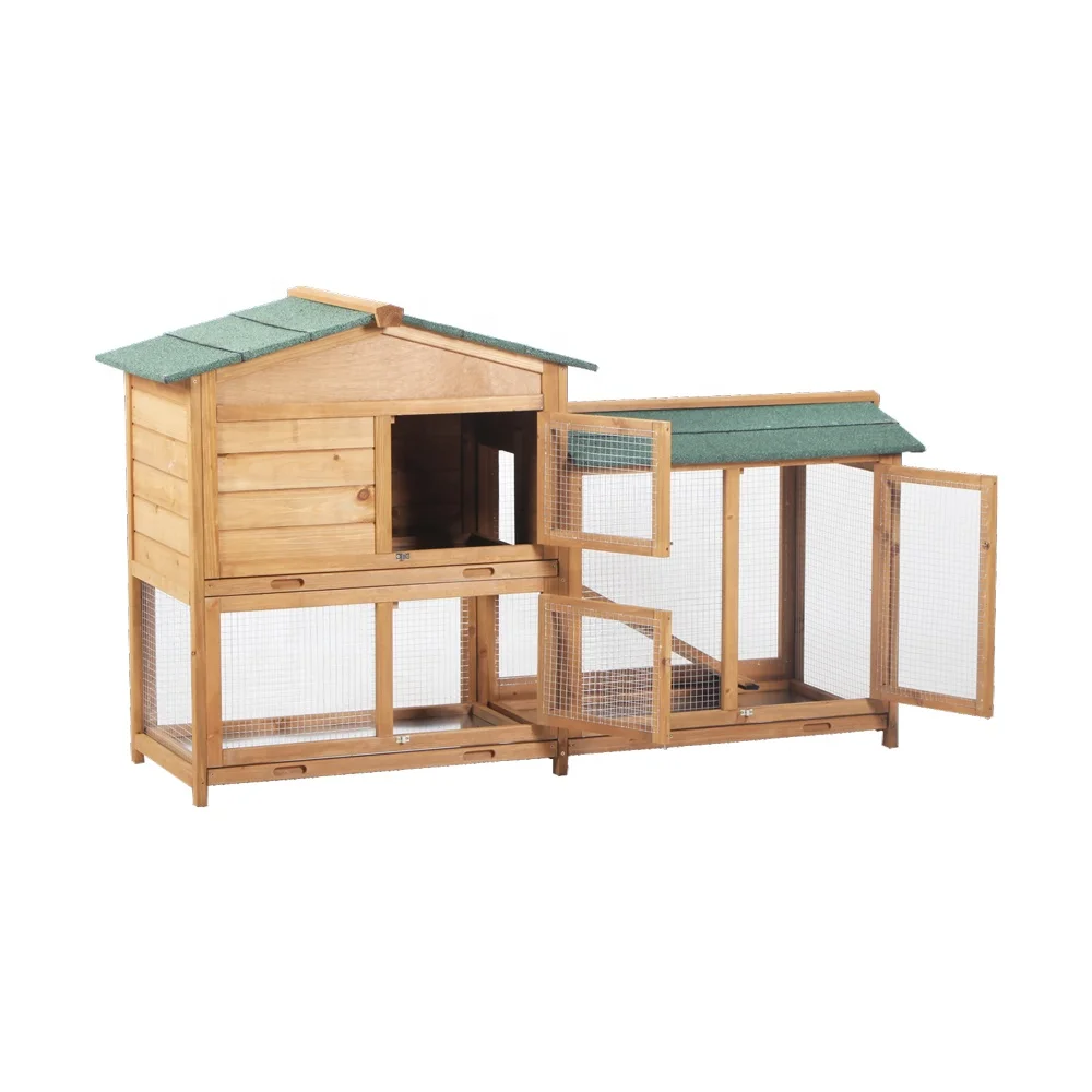 Large space double tier story wooden bunny rabbit hutch guinea pig house cage with ramp and run