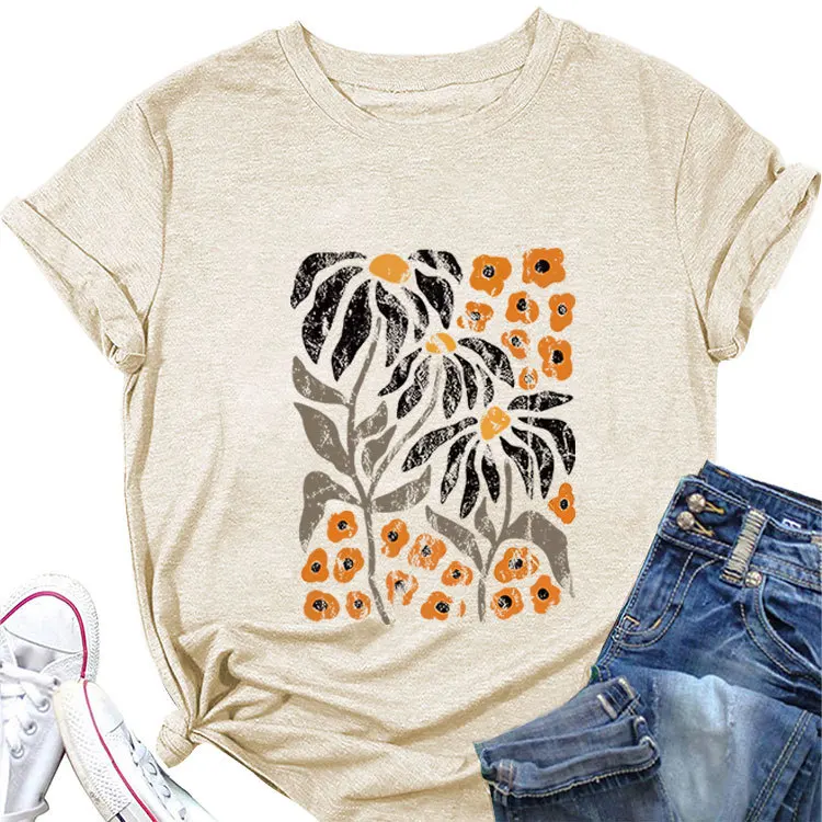 High Quality Summer Holiday Vocation Plant Prints Short Sleeves Cotton Spandex Fabric Scoop Neck Oversized T-Shirt