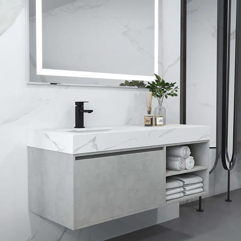 Foshan 30inch Single Wall Mount Bathroom cabinet Light Grey Vanity PVC Modern Bathroom Vanity with Sink
