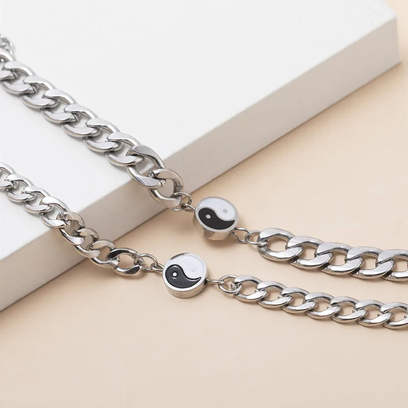 2Pcs/Set Tai Chi Charm Bracelet Yin Yang Pendant Stainless Steel Bracelets for Couples Men Women Friendship Bracelets