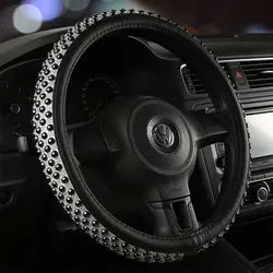 Genuine Leather Car Steering Wheel Cover With Elegant Bling Diamond And Ceramic Colors Customized