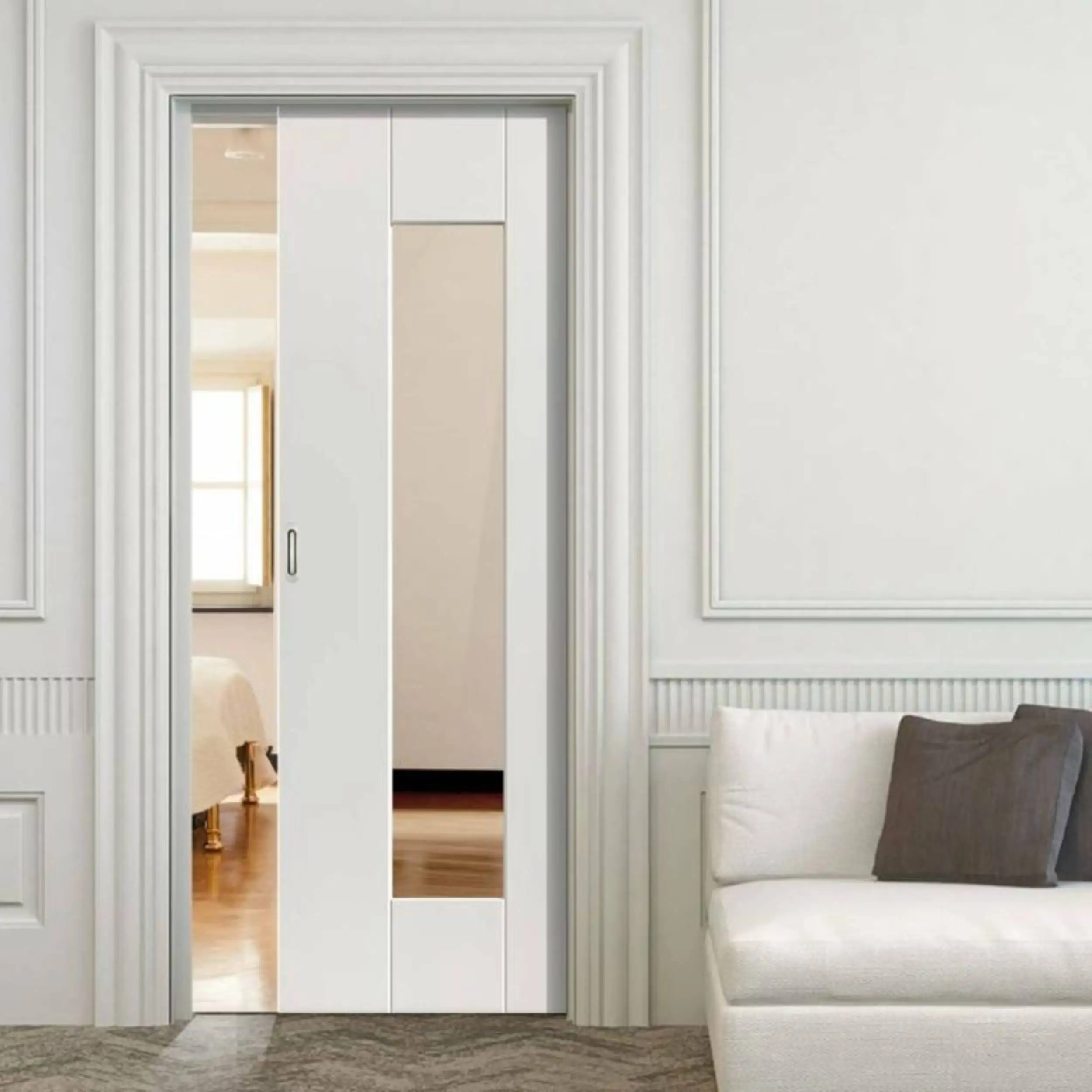 30' USA Market White Painted French Style Composite Internal Frosted Glass Pocket Door For Houses