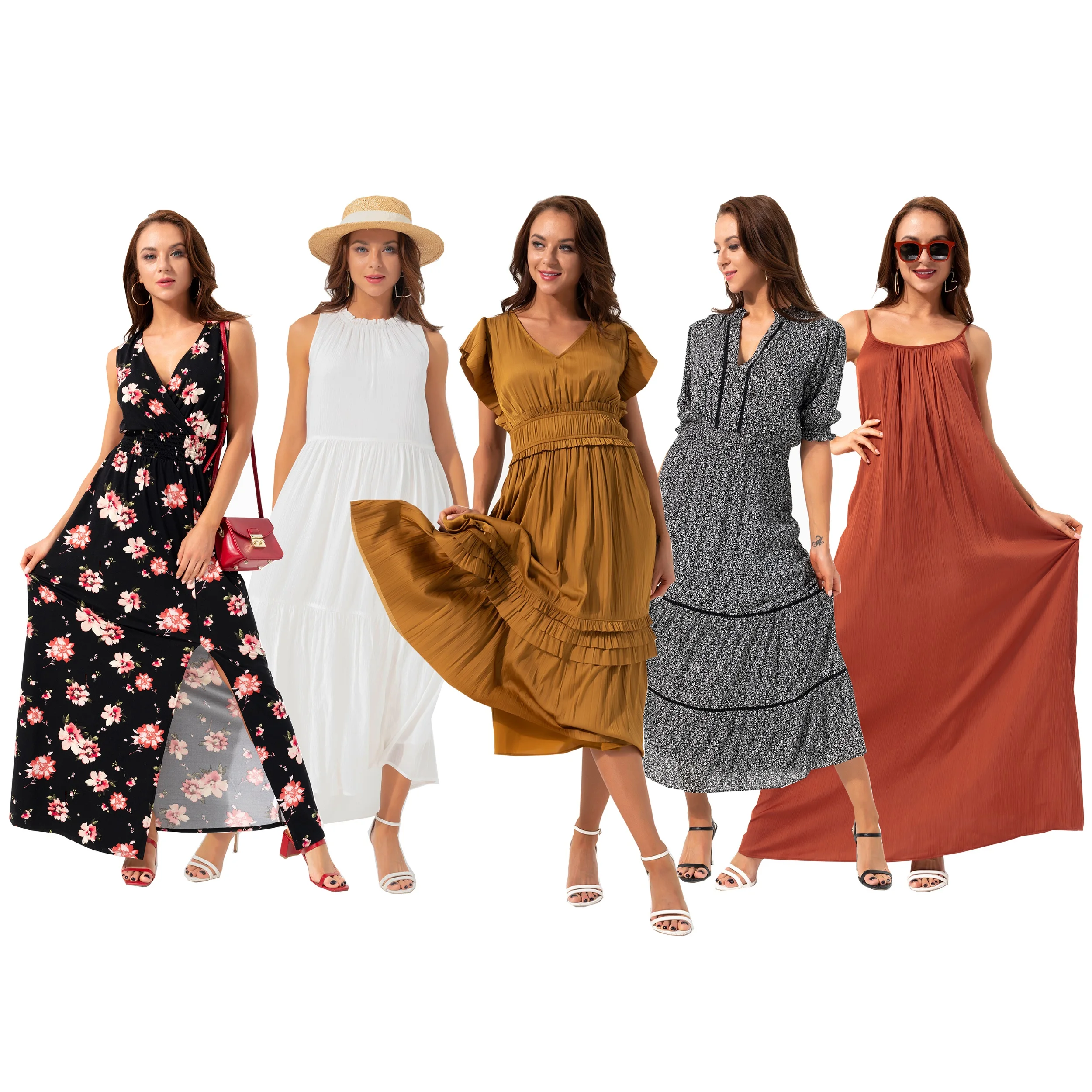 High Waist Elegant Satin a Line Long Women V-neck Casual Ladies Dresses Polyester Pleated Summer Satin Tiered Smocked Dress