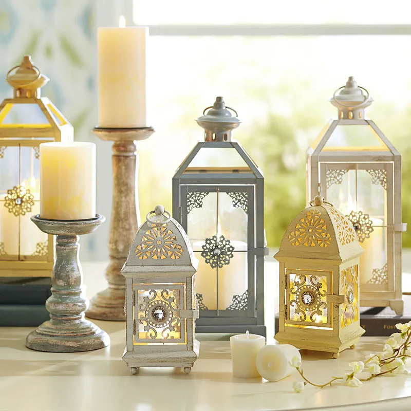 K&B Mini Lantern Candle Holder Antique Decorative Ivory Metal Morocco Style Candle Holder